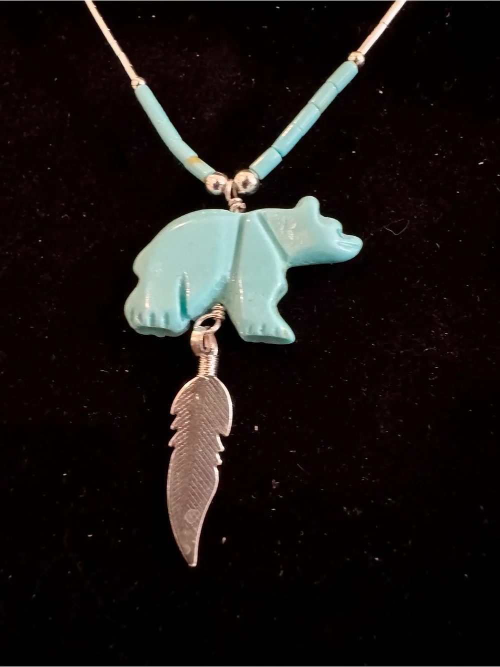 Turquoise Bear Pendant Necklace liquid silver with Silver‎ Feather